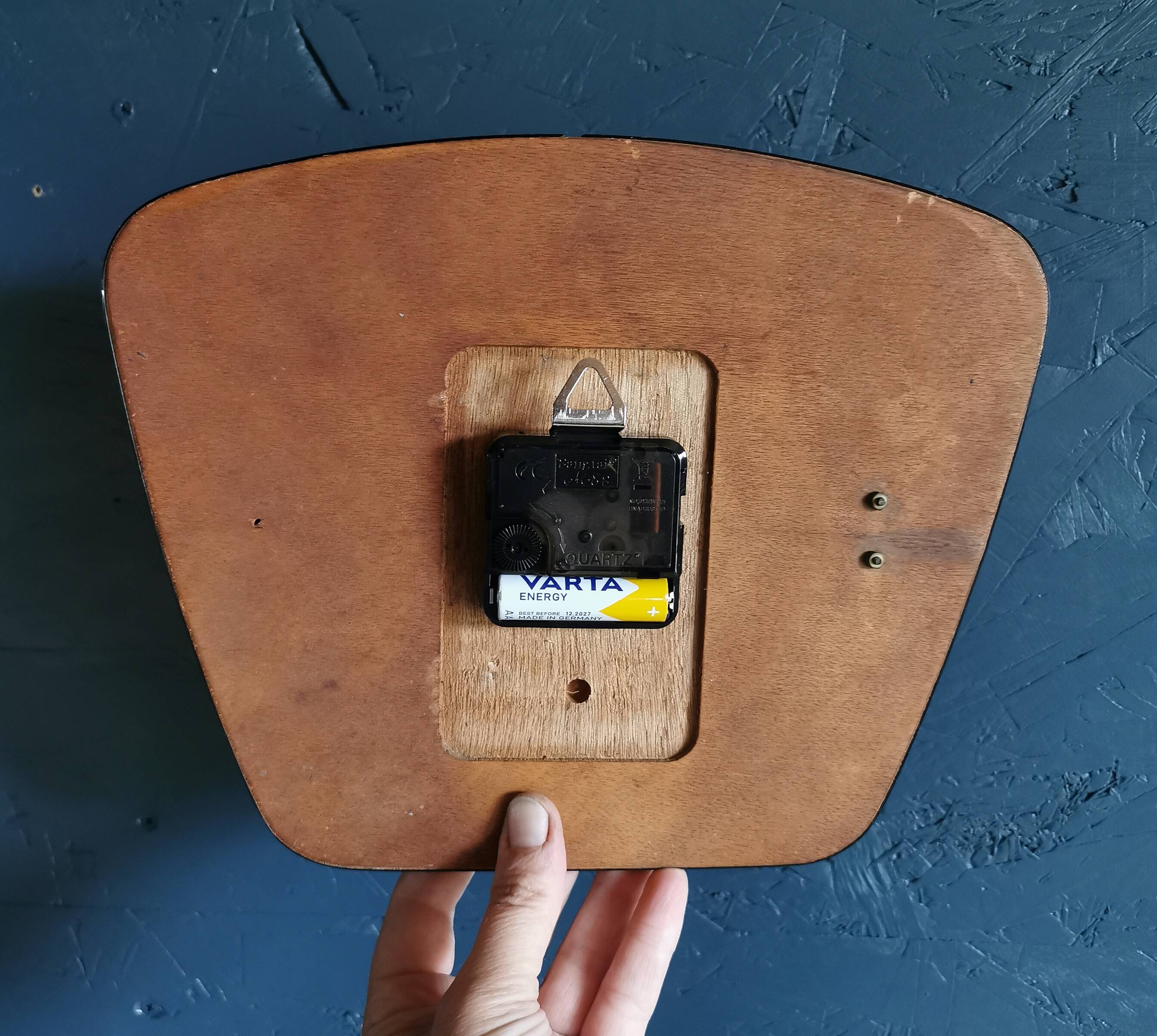 Vintage formica clock silent trapeze wall pendulum "Grey blue"