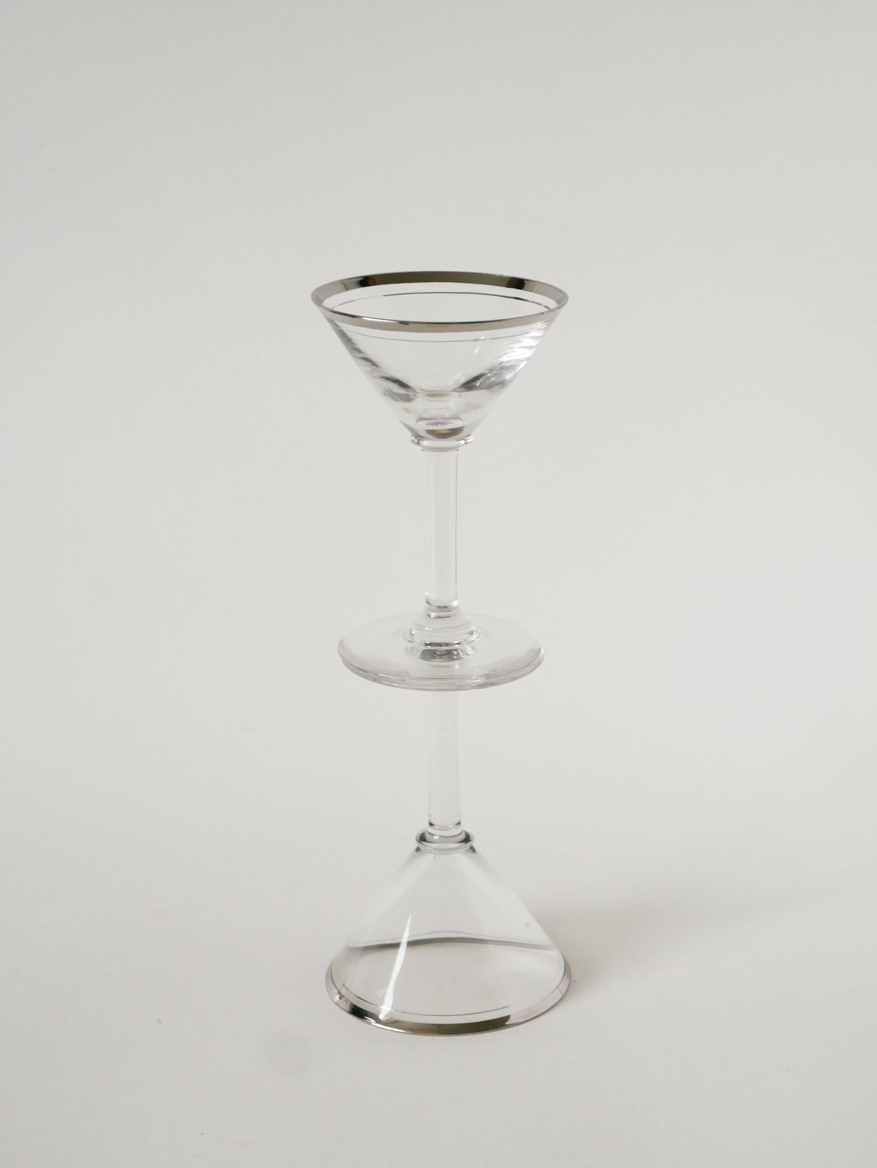 Set of 6 cocktail / martini glasses, chrome rim, Art Deco, 1930s