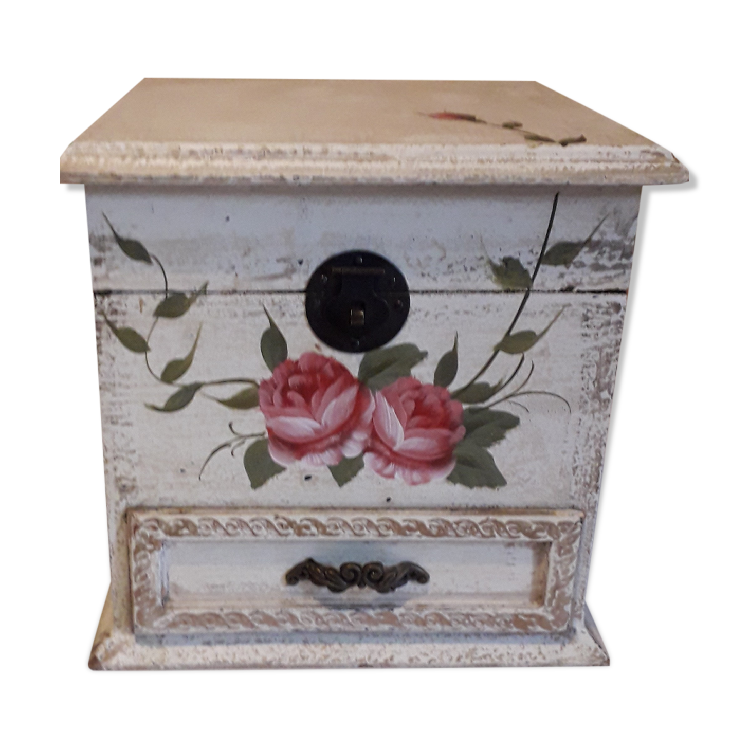 Jewelry box in painted wood patinated pink decoration, with 2 compartments