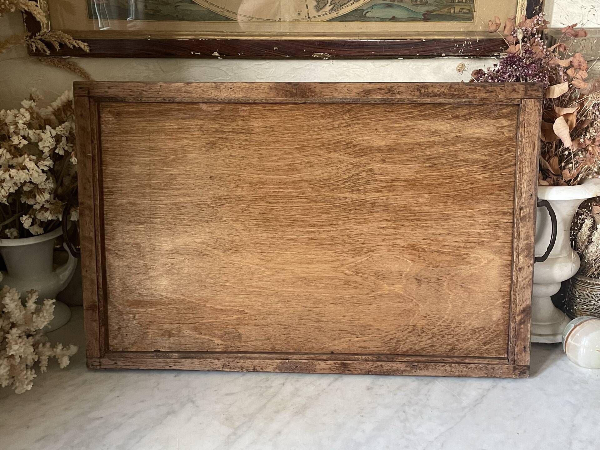 Large vintage tray, wood marquetry under glass