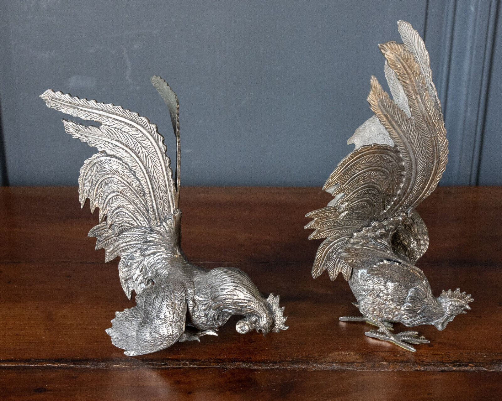 Two roosters in silver metal mid-twentieth century