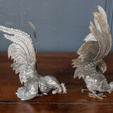 Two roosters in silver metal mid-twentieth century