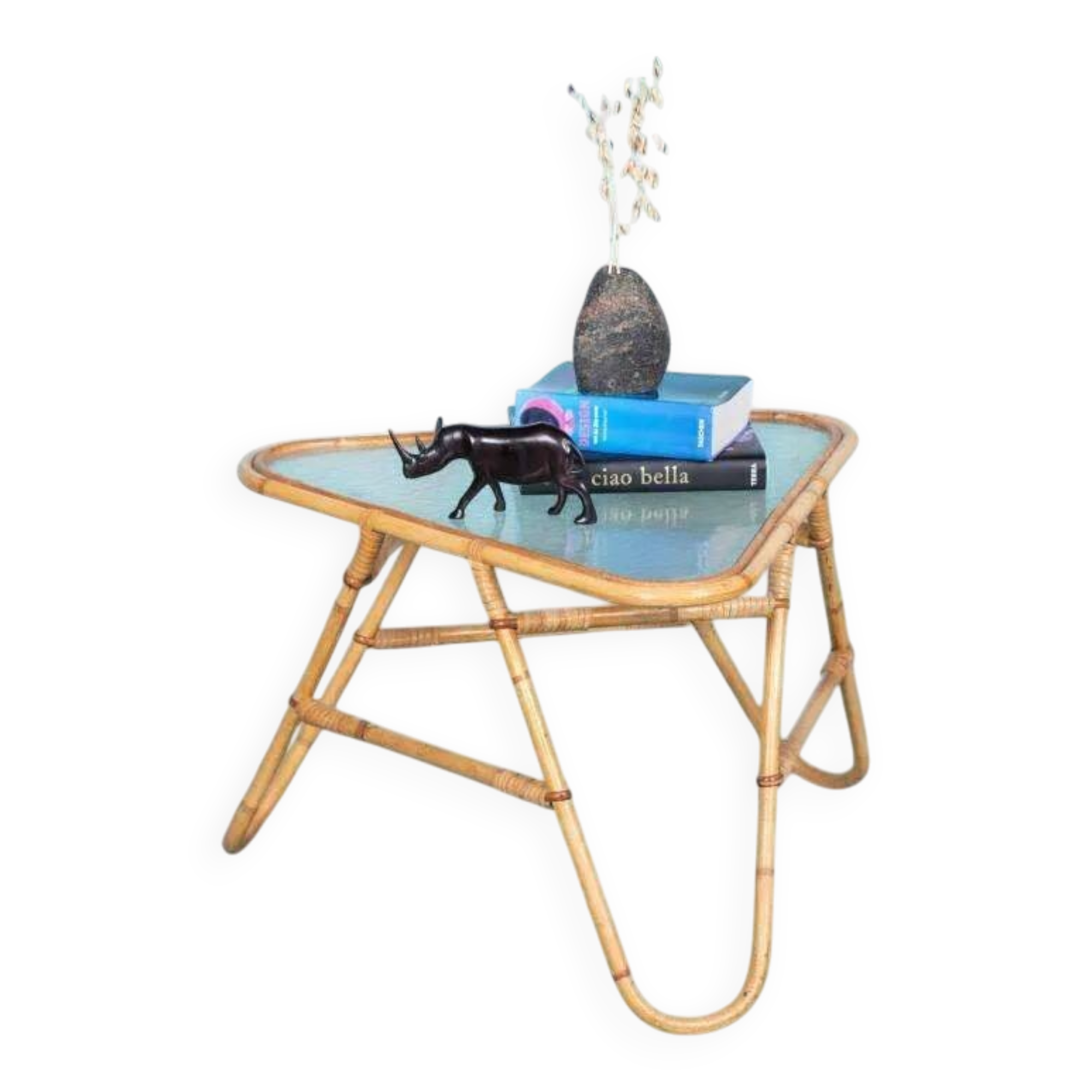 Vintage rattan coffee table from the sixties, bohemian rattan side table.