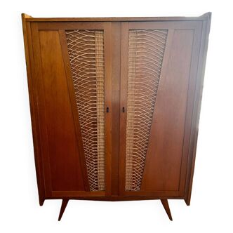 Wood and rattan cabinet 60s