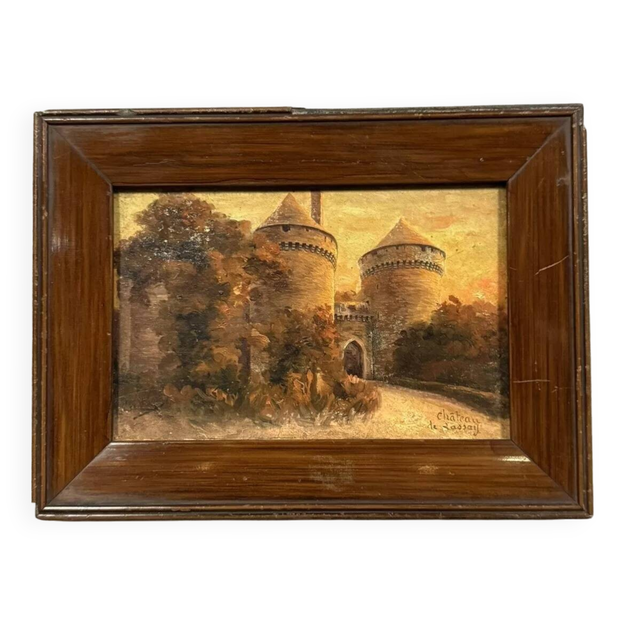 Oil painting on panel dated 1910 depicting the Château fort de Lassay