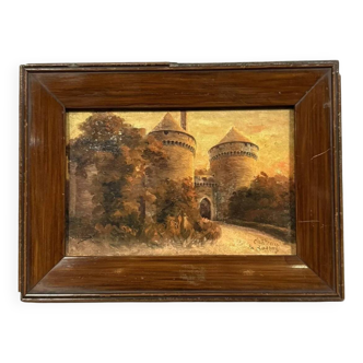 Oil painting on panel dated 1910 depicting the Château fort de Lassay