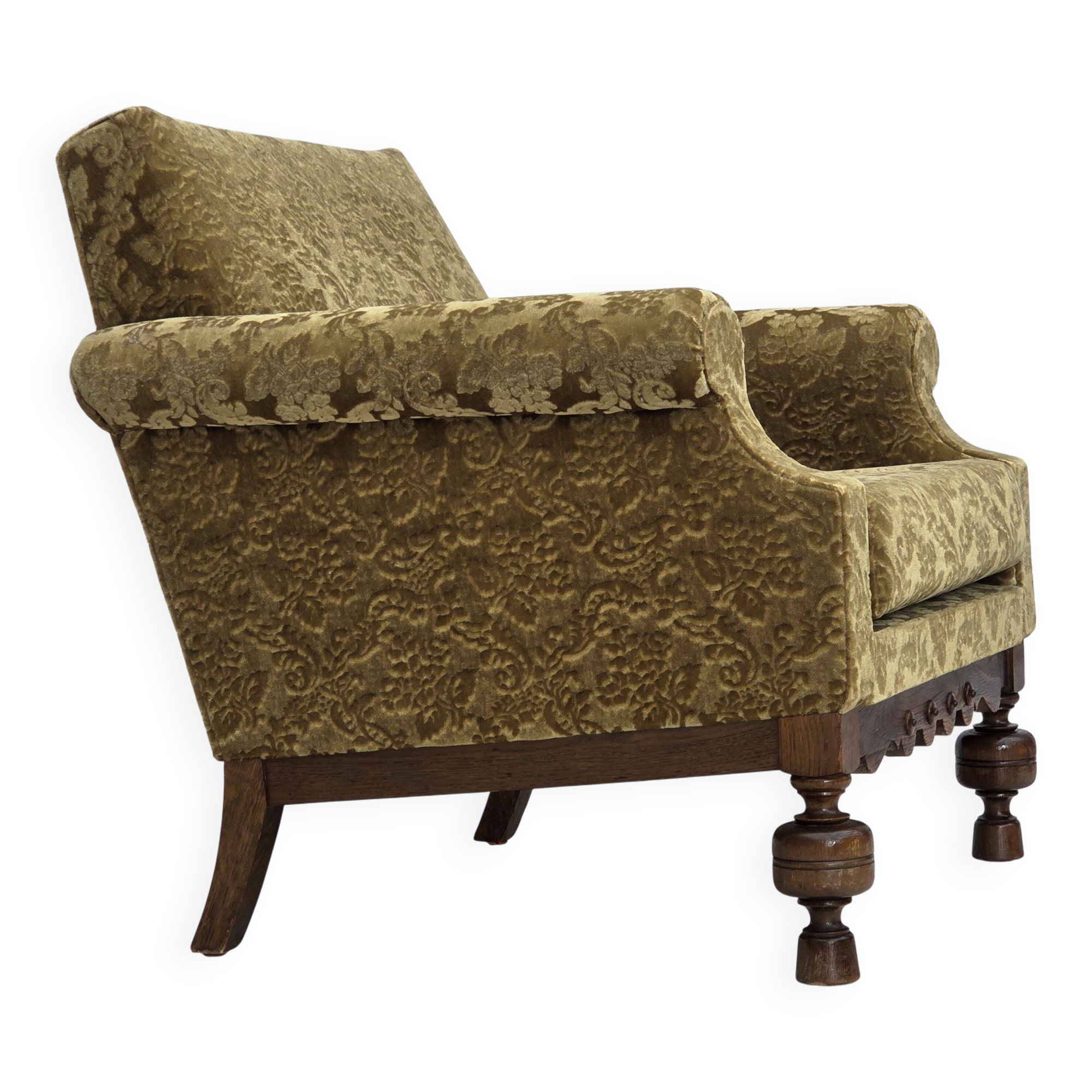1960s, Danish armchair, furniture velour, carved oak wood.