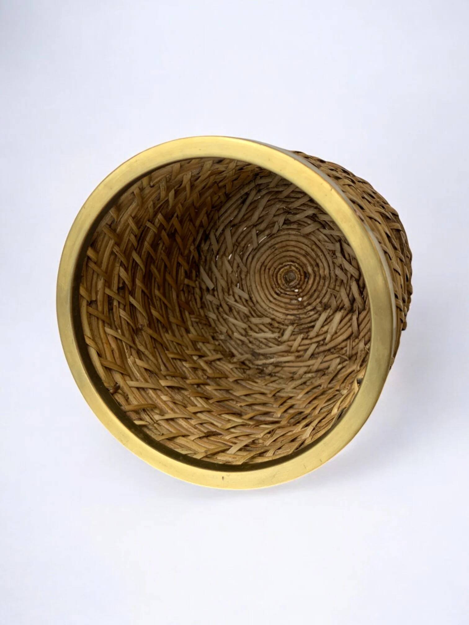 Rattan and brass basket, Italy, 1970s, 16 cm diameter