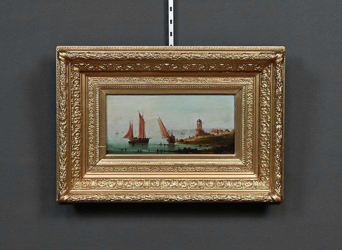 Tableau "Sailboats on the Mediterranean", oil on panel, French school of the 19th century.