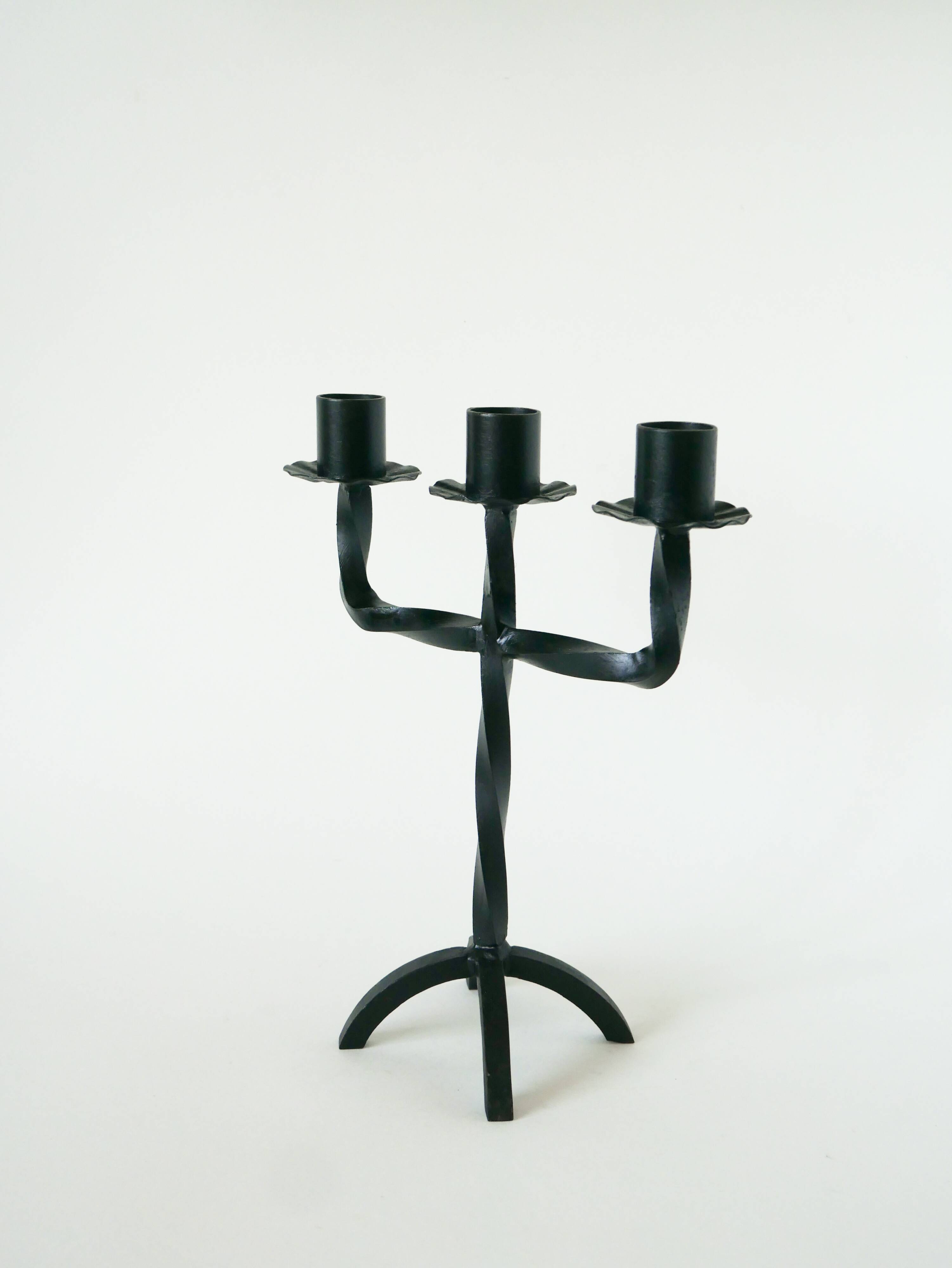 three-light wrought iron candlestick, Brutalist, 1970