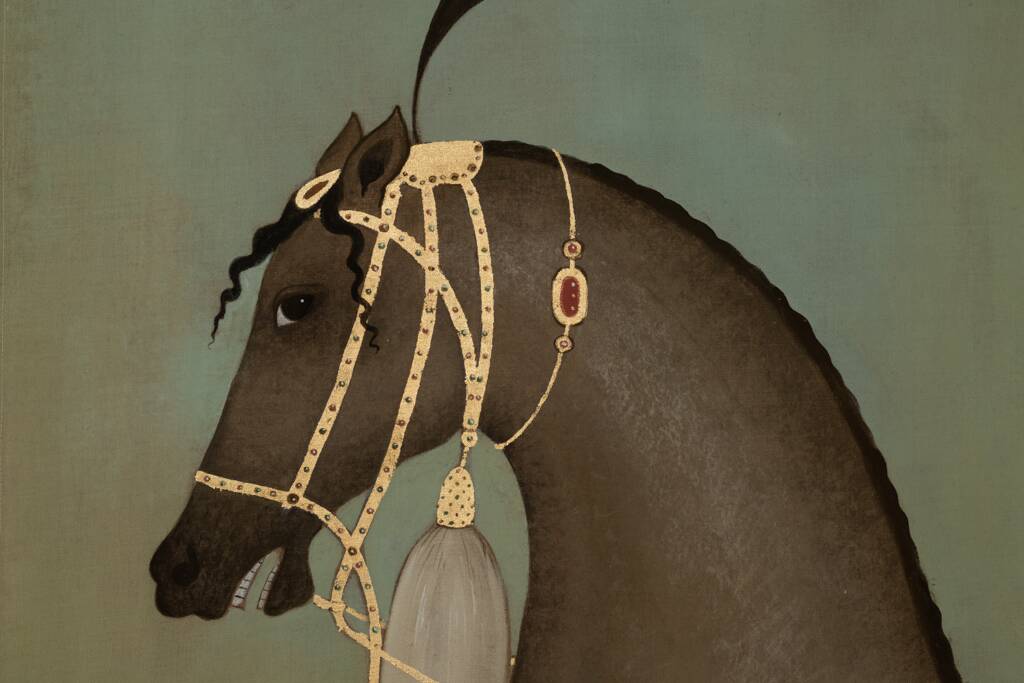 Painted canvas featuring a brown-coated Indian horse in profile. Contemporary.