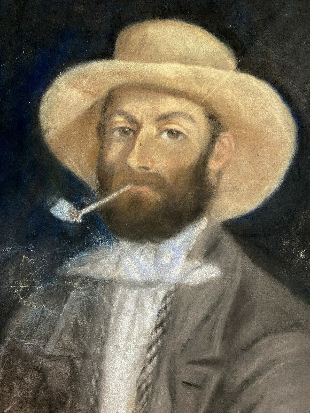 French school around 1900 the man in pastel hat on a black background