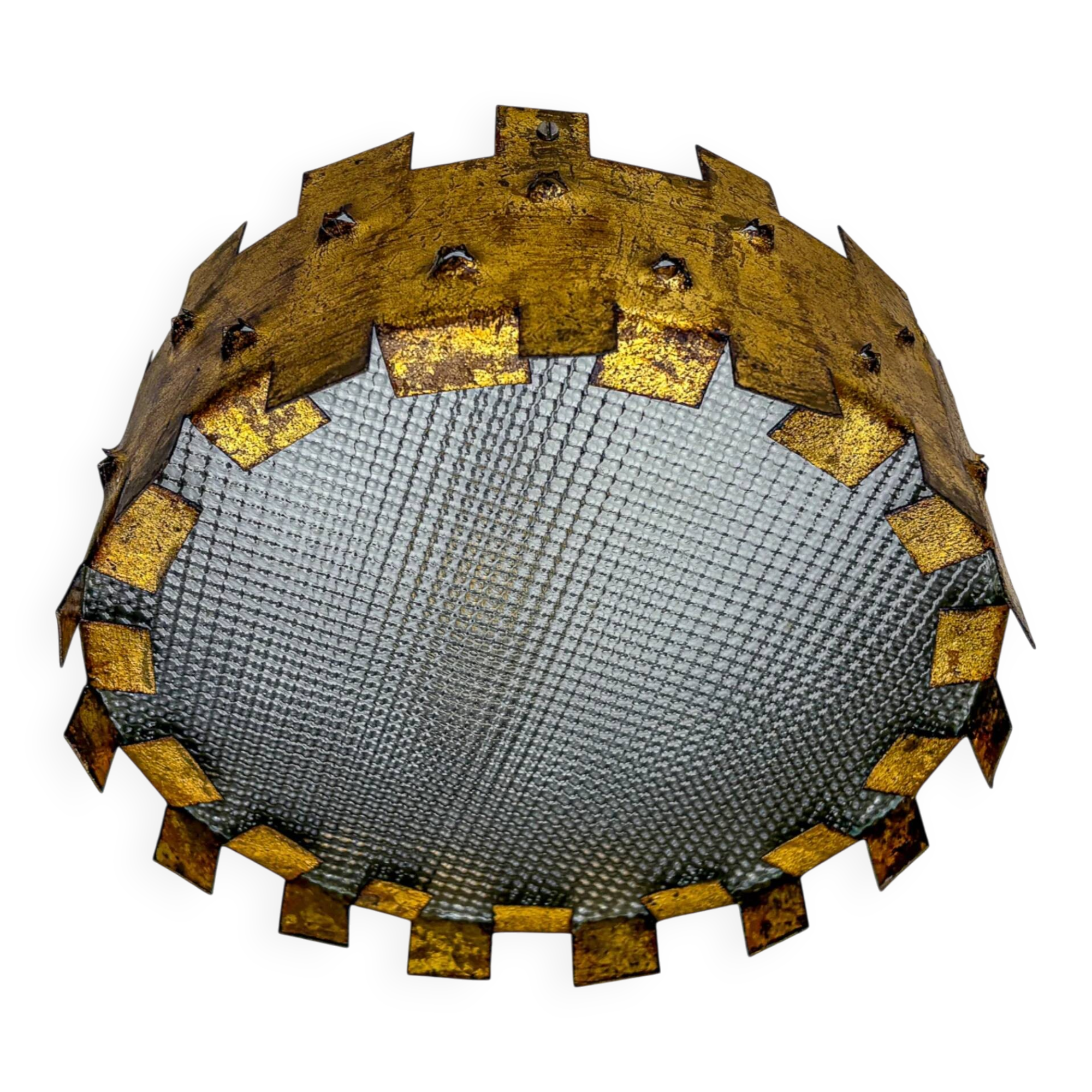 Brutalist crown sunburst fixture in gilt metal and frosted glass, France, 1960s