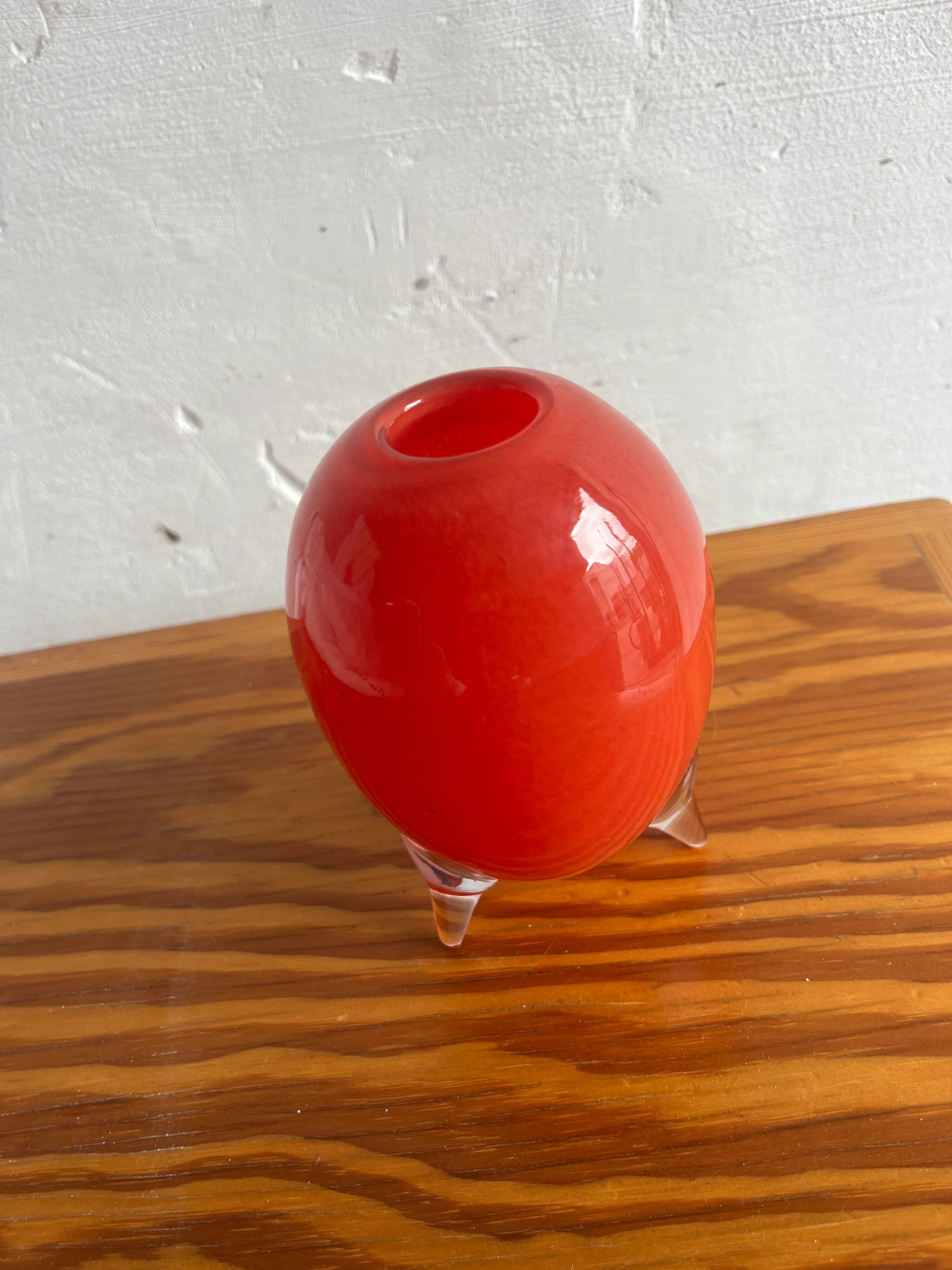 Murano Red Sommerso Hand-Blown Glass Vase with Clear Tripod Feet — Mid-Century 1960s