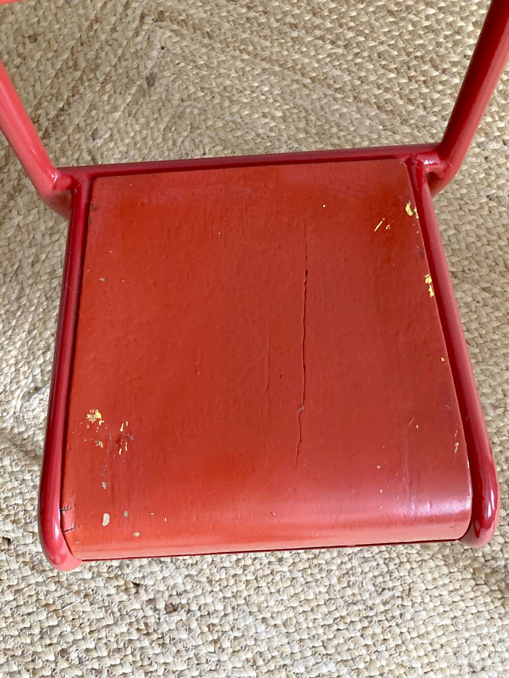 Pair of Mullca nursery chairs in metal and wood painted red and blue