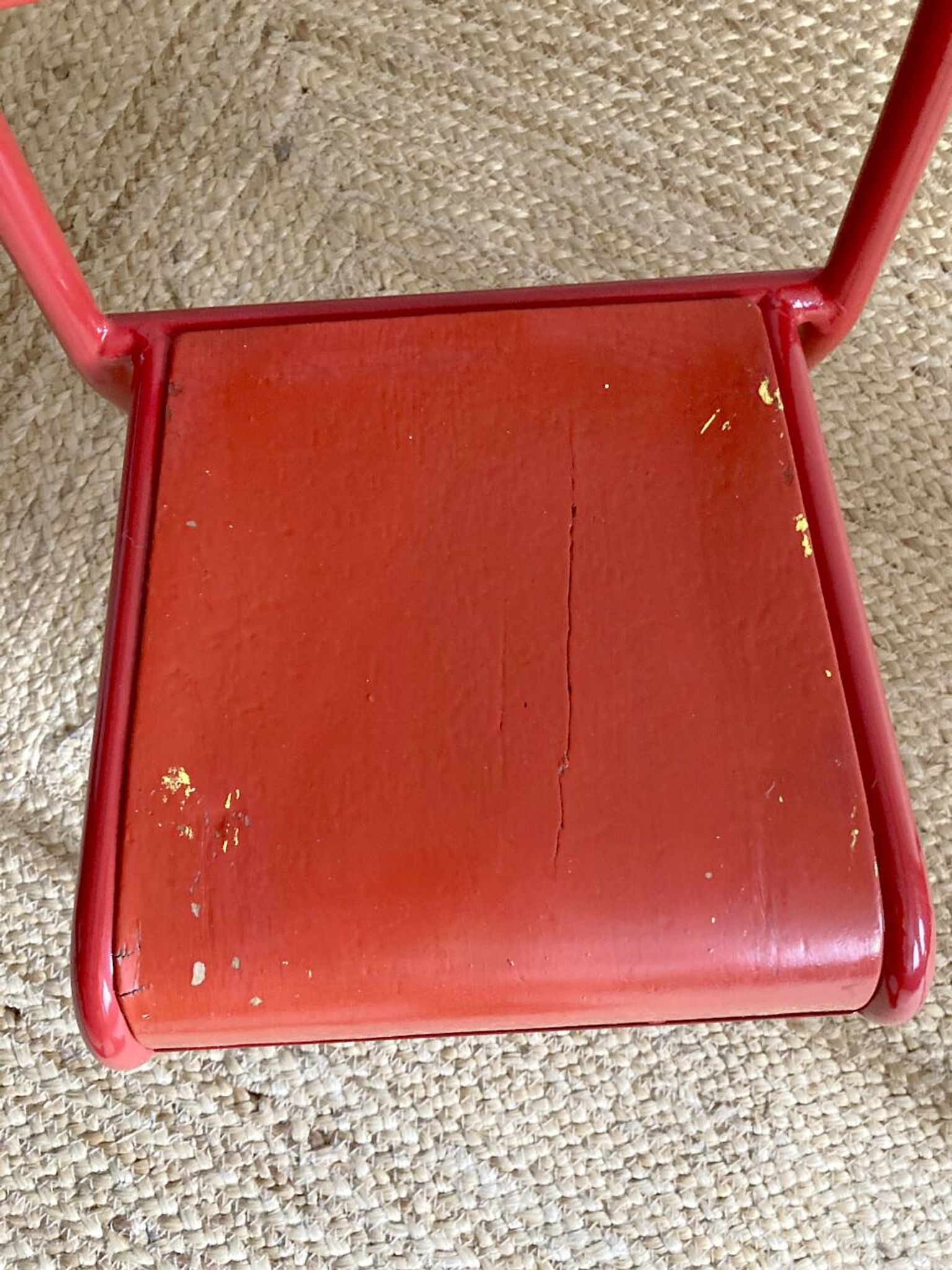 Pair of Mullca nursery chairs in metal and wood painted red and blue