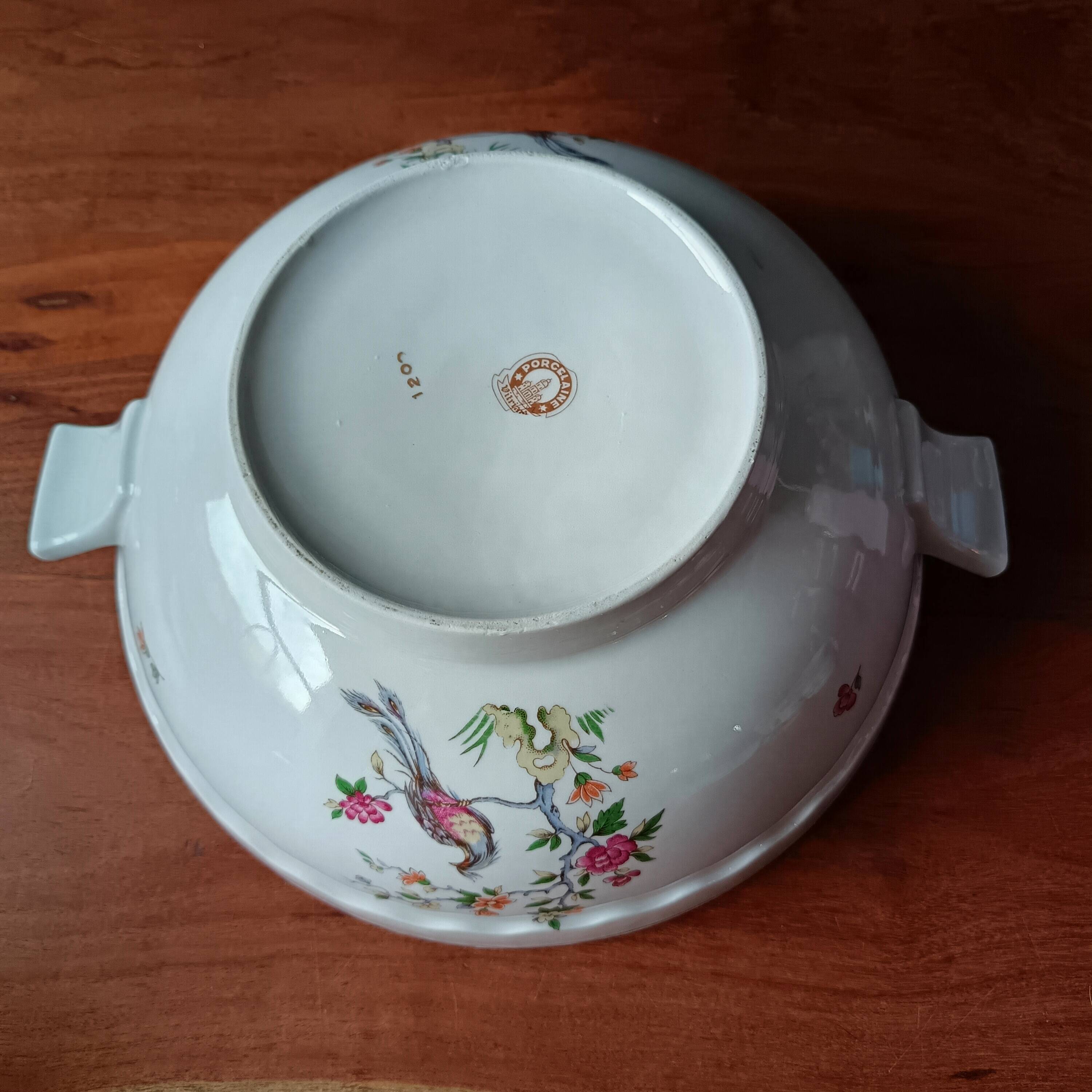 Vintage soup tureen, Vitriam porcelain France, Phoenix on a flowering branch.