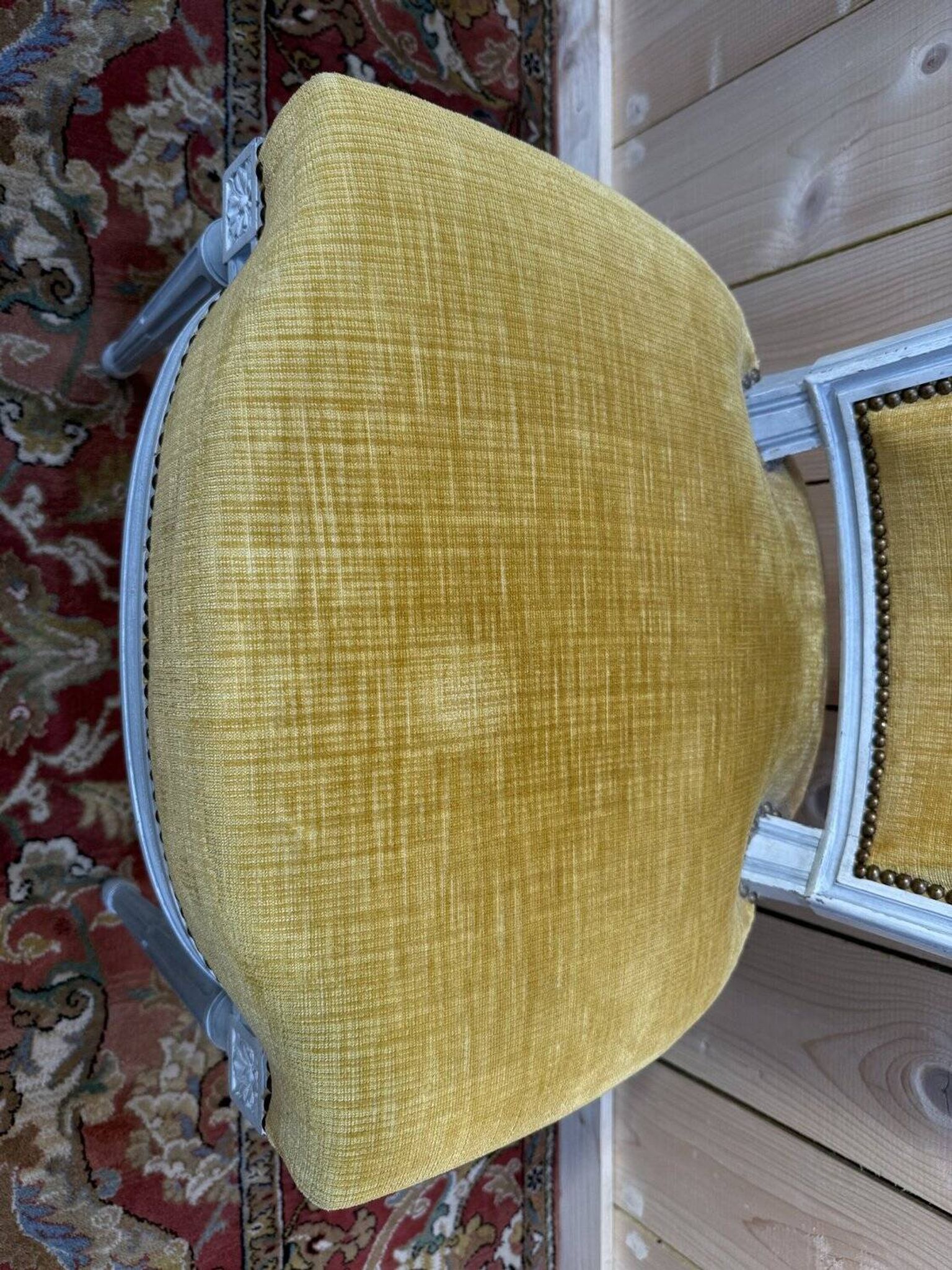 Set of 6 Louis XVI style chairs with polished wood and velvet.