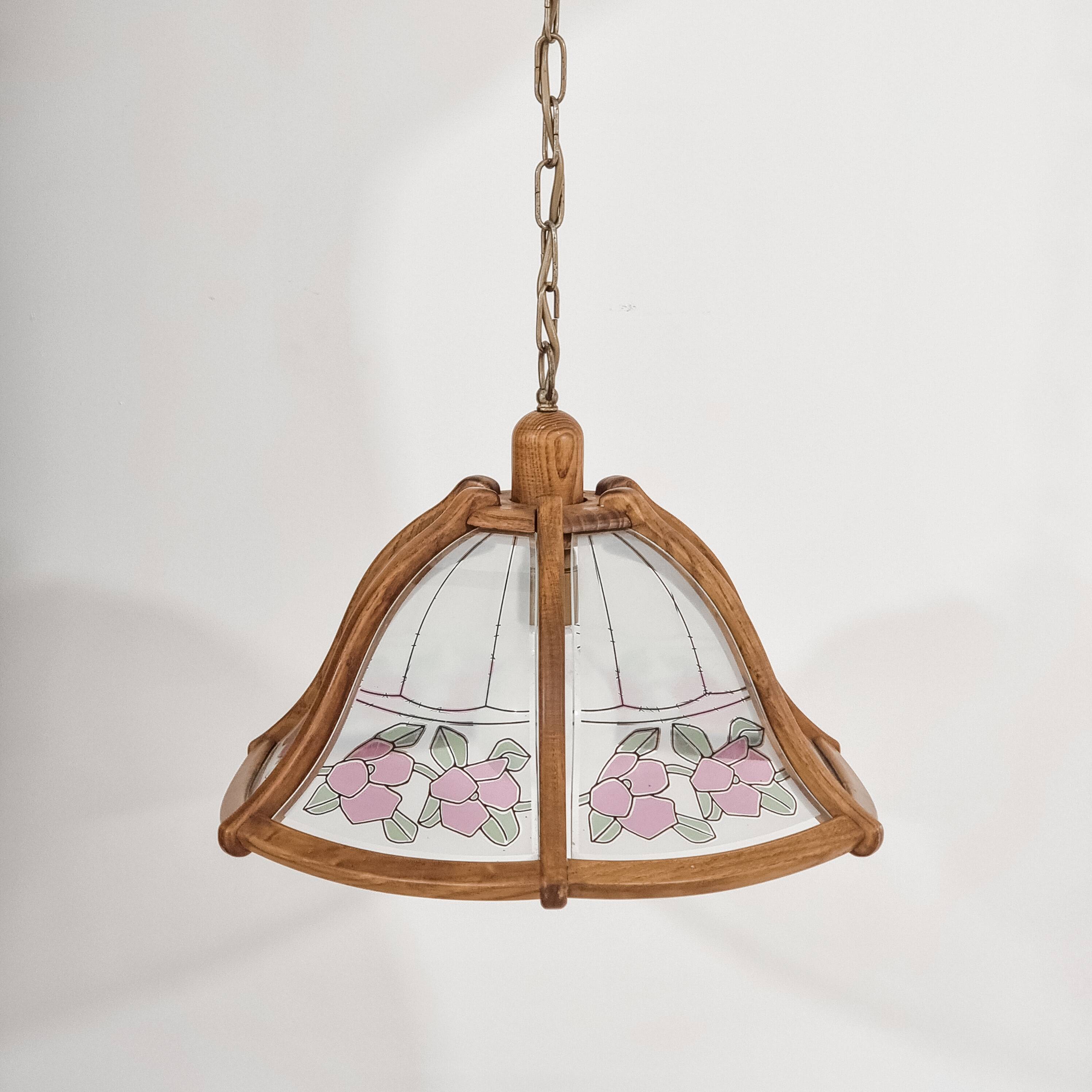 Art Nouveau style chandelier in wood and glass from the 1970s