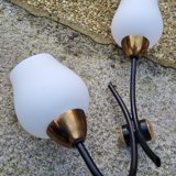 Pair of double brass, steel and opaline wall lamps, vintage, 50s