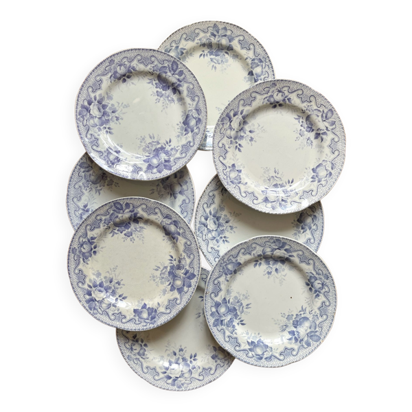 8 assiettes plates en terre de fer Bouquets, Creil et Montereau fin 19eme
