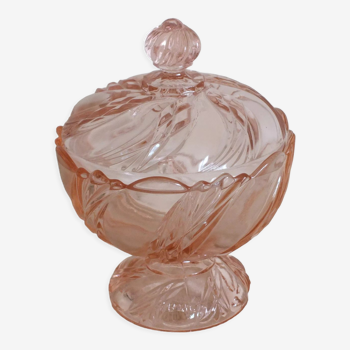 Drageoir ou confiturier en cristal moulé rose signé Portieux