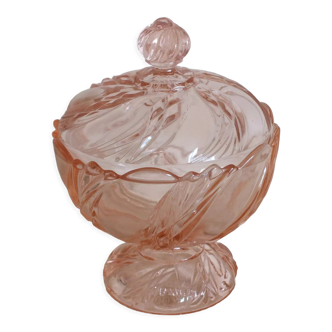 Drageoir ou confiturier en cristal moulé rose signé Portieux