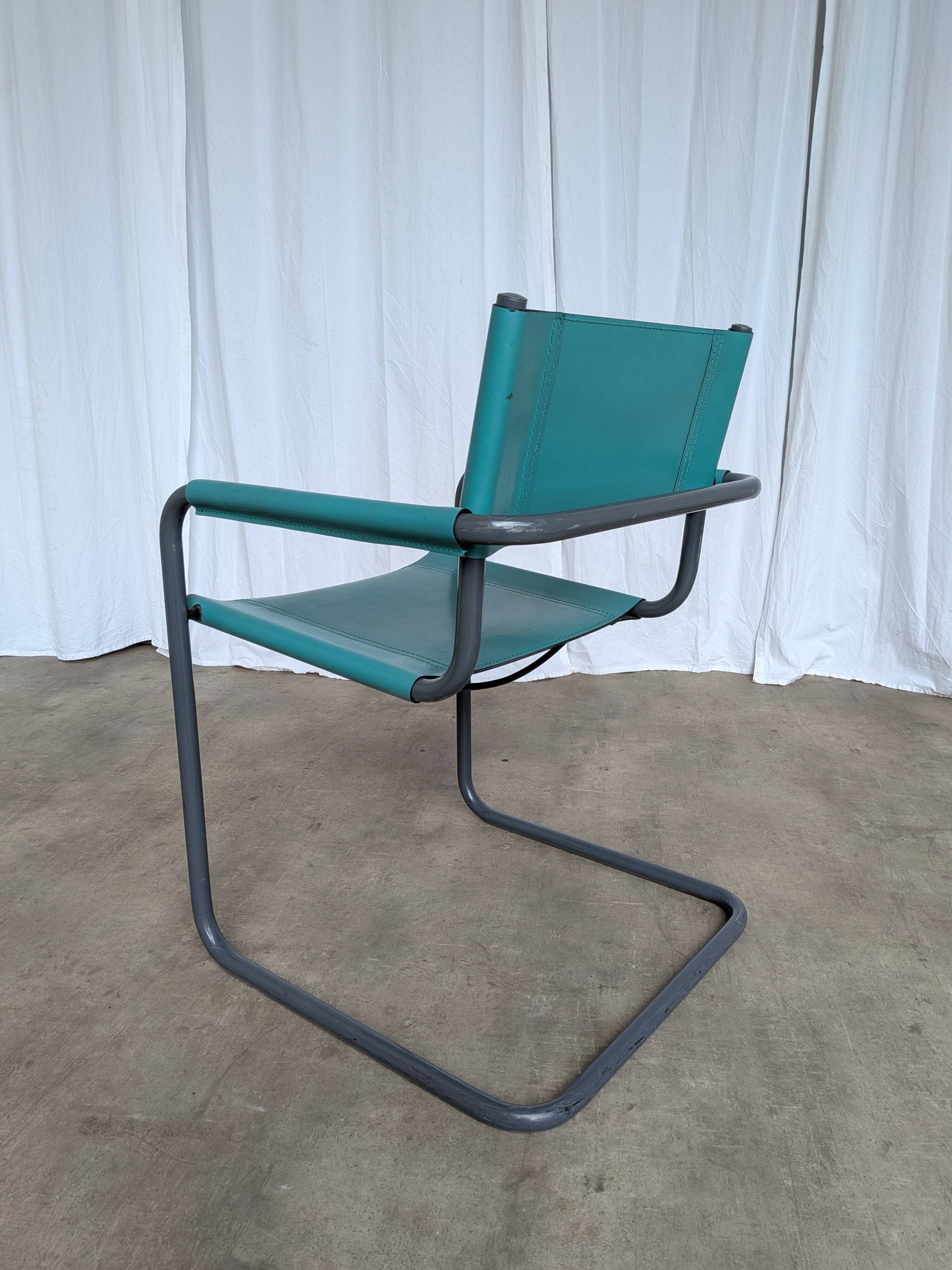 Vintage Mart Stam Style Armchair: Turquoise Leather, Black Chrome Cantileve
