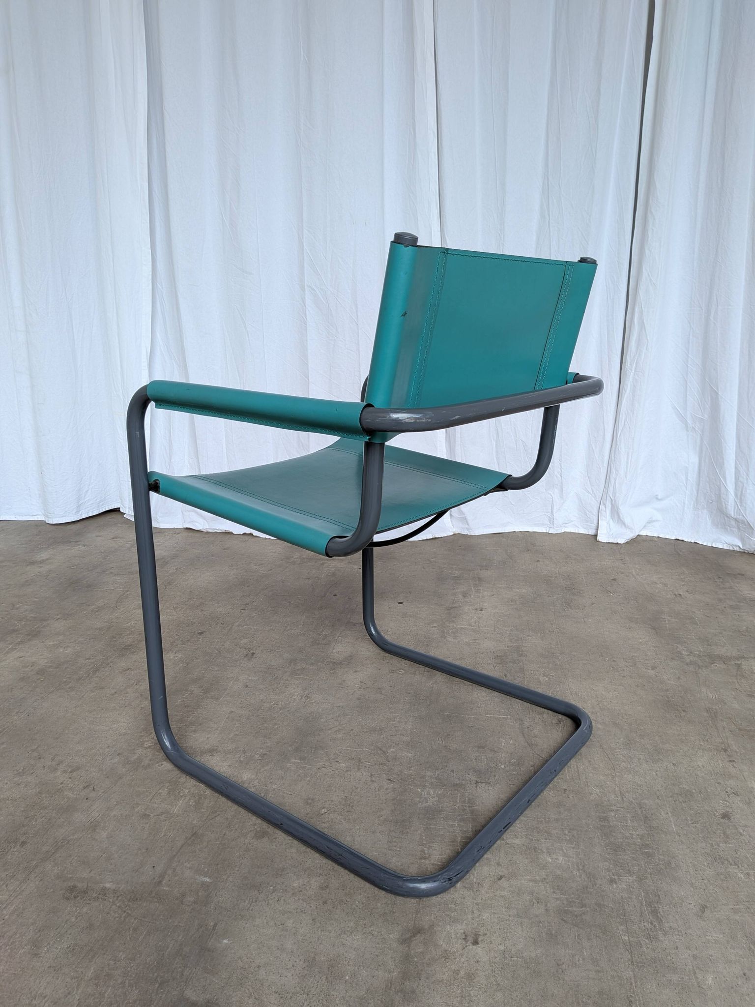 Vintage Mart Stam Style Armchair: Turquoise Leather, Black Chrome Cantileve