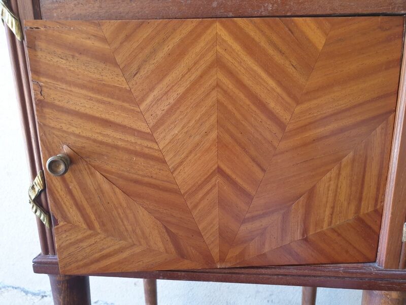 Louis XVI-style wooden veneer bedside table, marble top