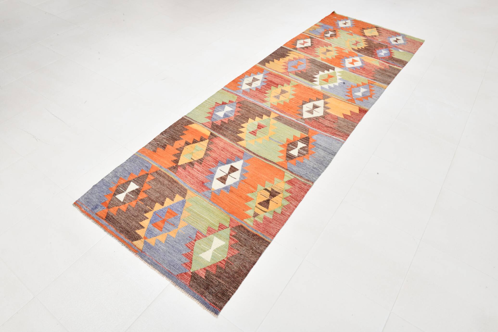 3x10 Geometric Multicolor Turkish Kilim Runner Rug,Rug For Hallway,95x295Cm