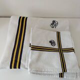 Nappe et 5 serviettes basques vintage en coton à chevrons bleu et jaune