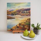 Mid-century modern landscape "reverie" vintage framed oil painting