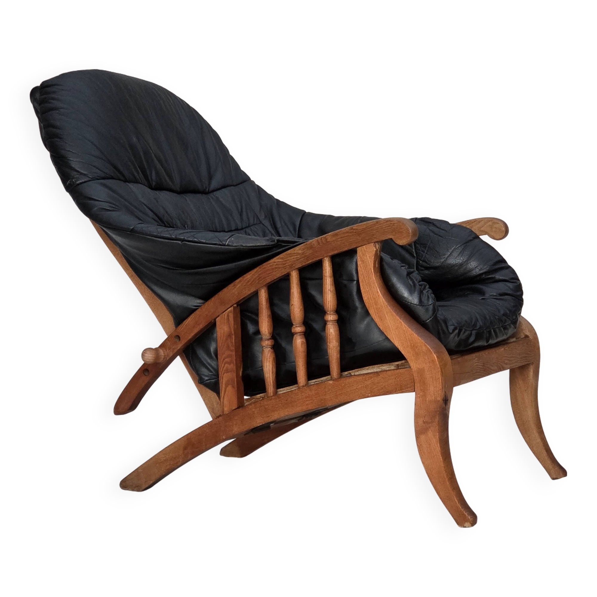 1950s, vintage adjustable armchair, black leather, ash wood.