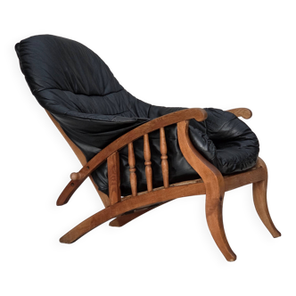 1950s, vintage adjustable armchair, black leather, ash wood.