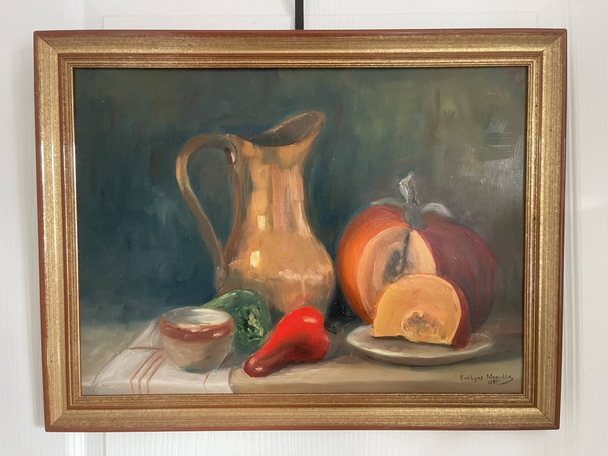 Old Oil Painting Still Life Golden Frame Signed Marcille 1990