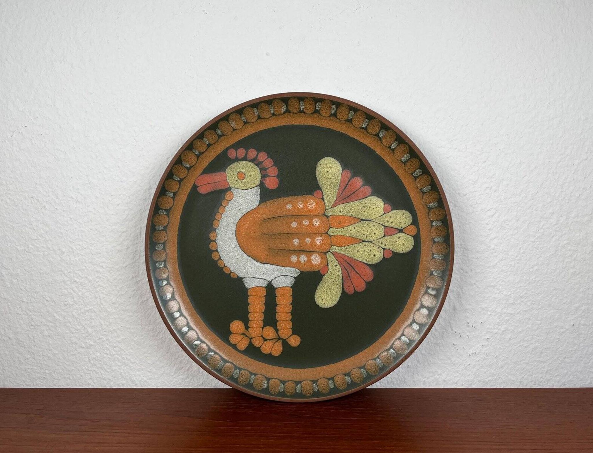 Vintage German ceramic wall plate with bird motif from Keramik Manufaktur Kupfermühle, 1970s.