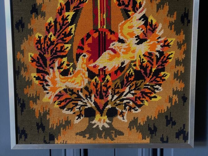 Tapestry circa 1970-1980 decoration of birds aluminum frame
