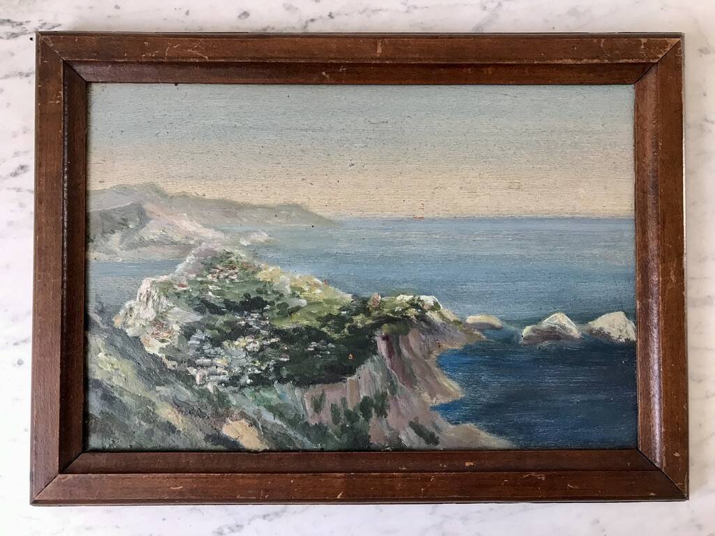 Oil painting on wood seaside landscape signed 40s-50s