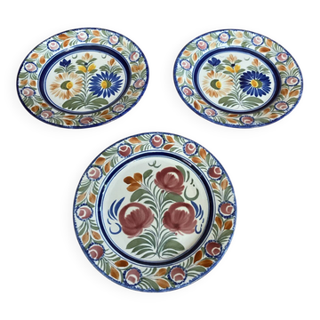 Série 3 assiettes déco quimper henriot france céramique polychrome vin