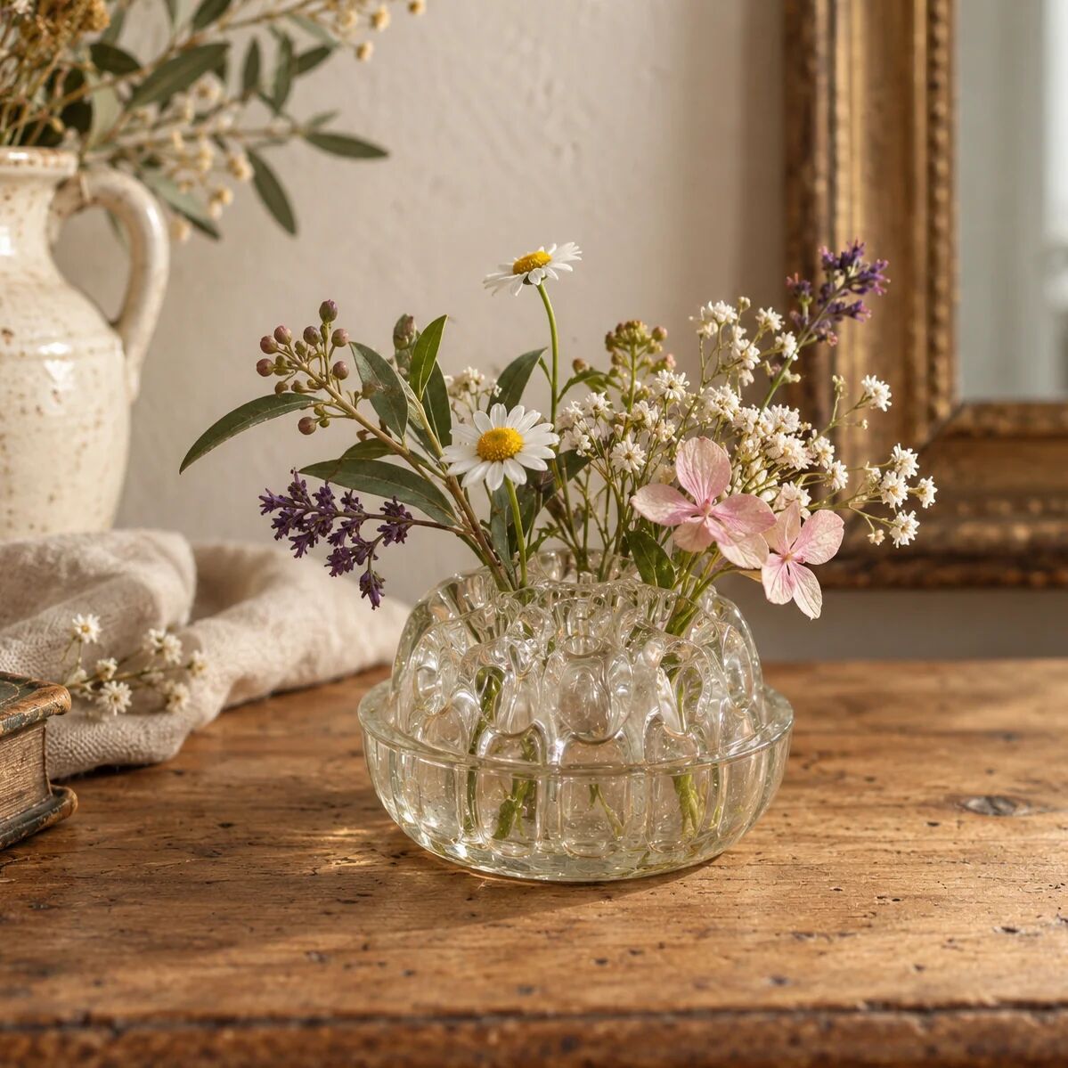Vintage clear moulded glass flower holder – Flower holder – Ø 10 cm