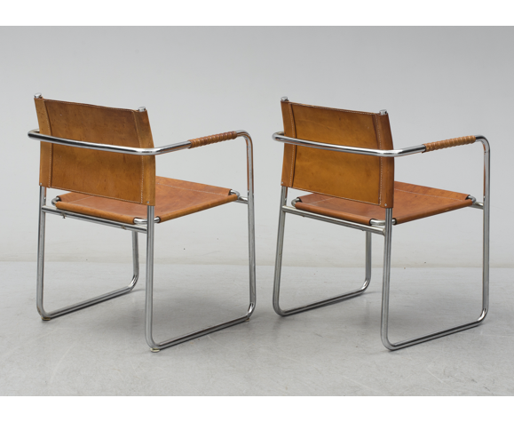 Pair of armchairs model admiral in chrome and leather by Karin Mobring for  Ikea, Sweden, 1970s | Selency