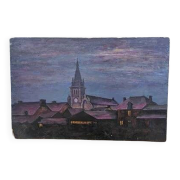 Huile sur papier toilé, vue de nuit