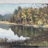 Oil on canvas lake landscape signed go baudoin xxth - 1975