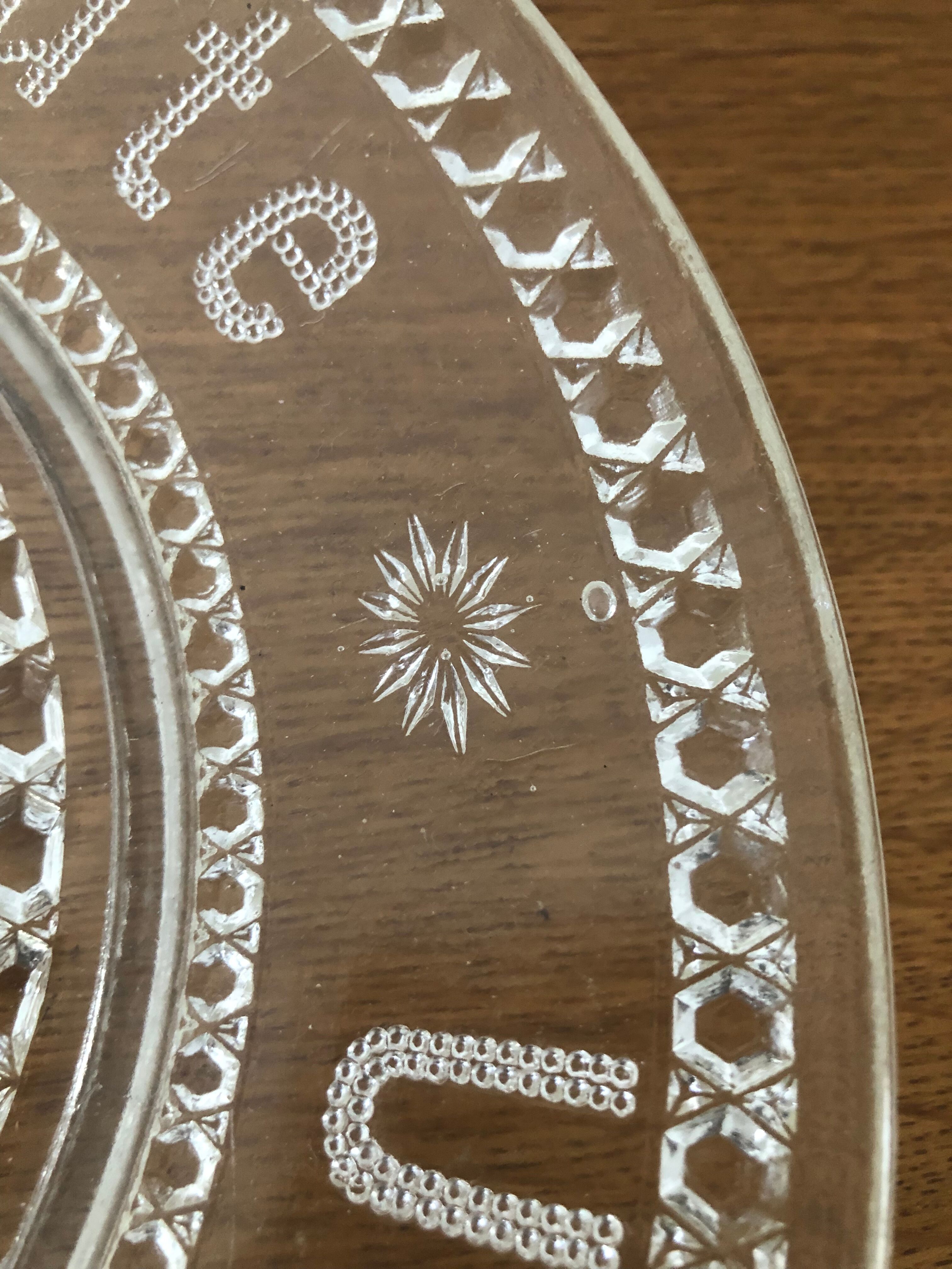 Cut glass cheese dish with inscription in German