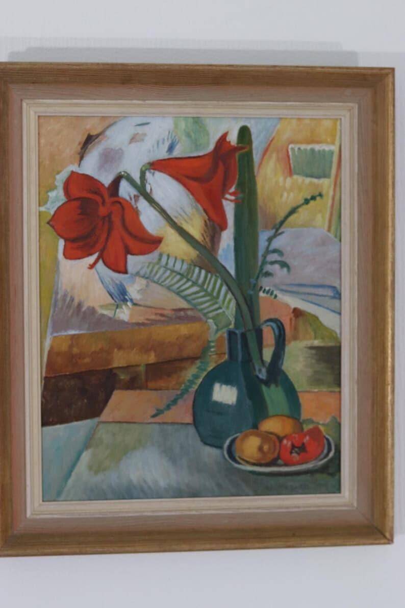 Huile sur toile suédoise « Nature morte avec Amaryllis et fruits » par A. Lindblom
