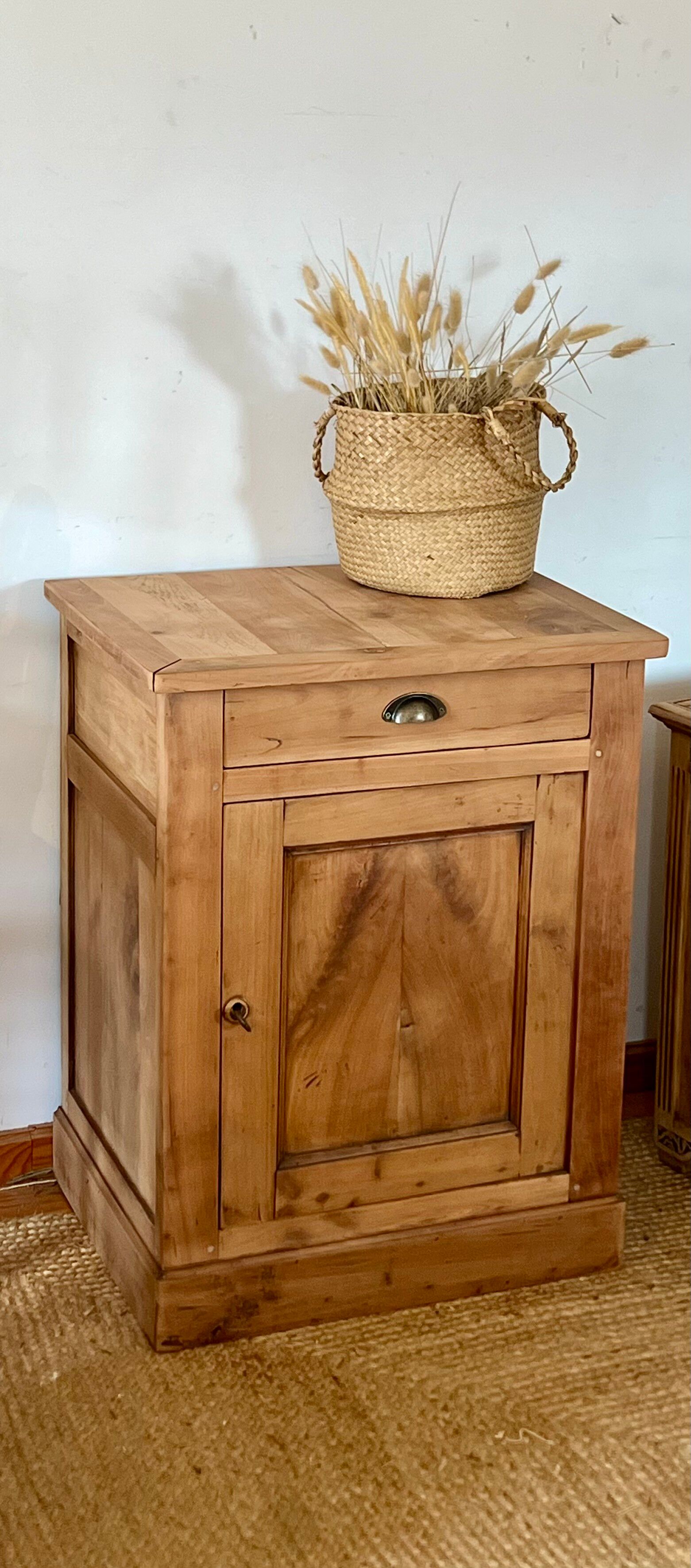 Buffet with 1 door and 1 drawer, renovated antique - solid wood jam cabinet in raw finish.