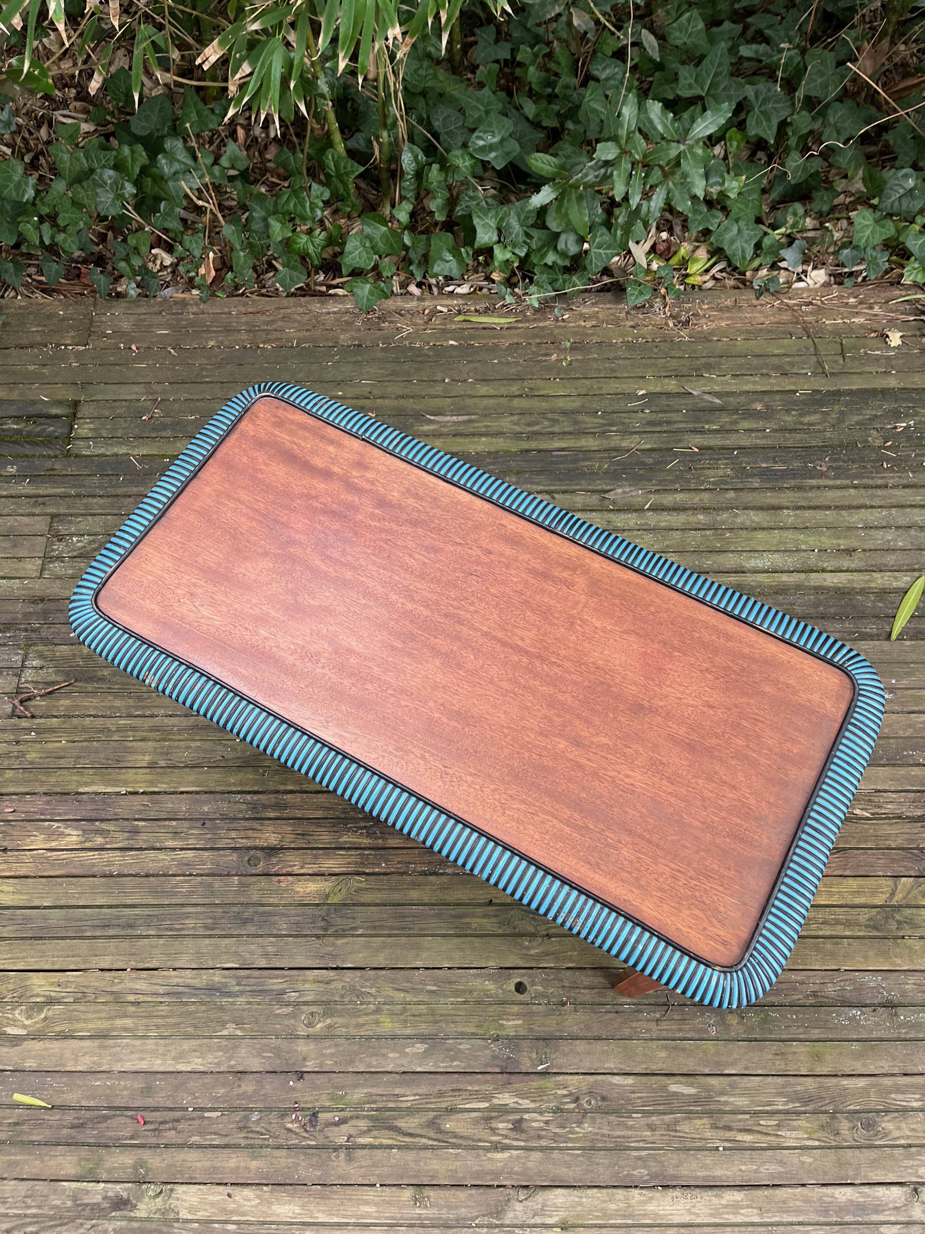 Folding wooden and rattan side table, 1960s