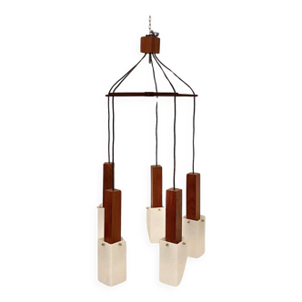 Vintage hanging chandelier in solid rosewood, Guzzini, Italy 1960 's