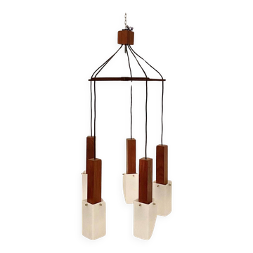 Chandelier vintage suspendu en bois de rose massif, Guzzini, Italie années 1960.